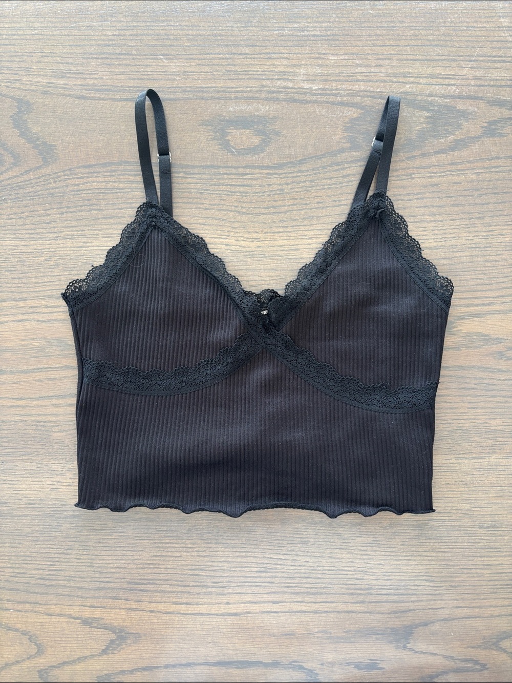 Black Lace-Trim Ribbed Bralette Camisole SZ S